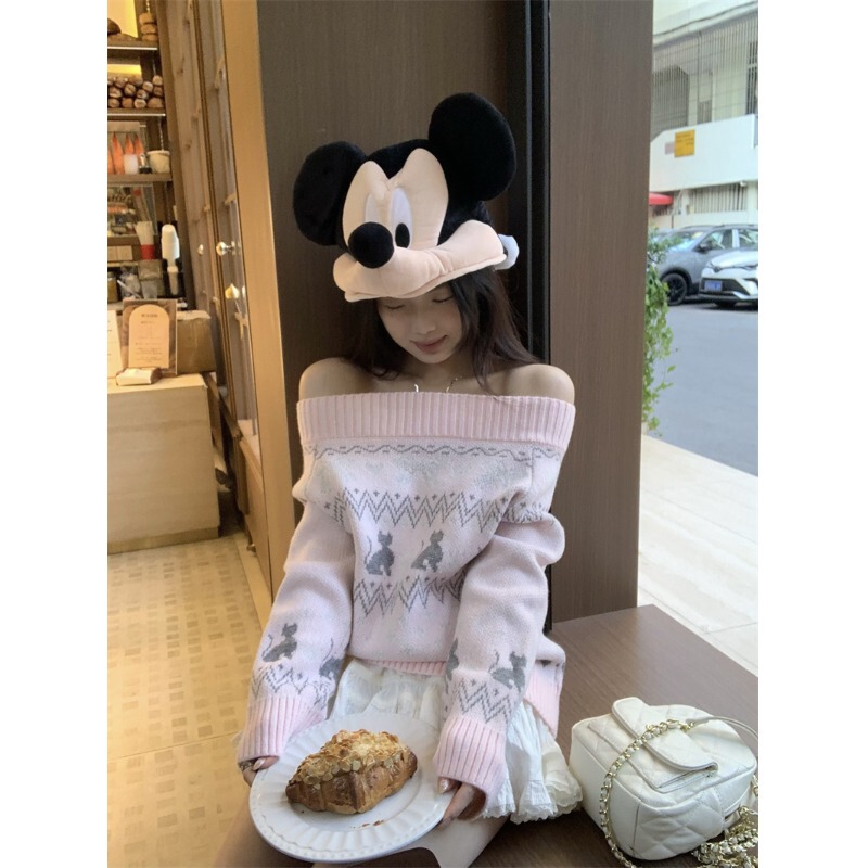 Black Cheese Black~ Fair Isle Cat Off-Shoulder Sweater, One-Line Neckline Jacquard Knit Top Black Cheese Black~ Fair Isle Cat Off-Shoulder Sweater, One-Line Neckline Jacquard Knit Top