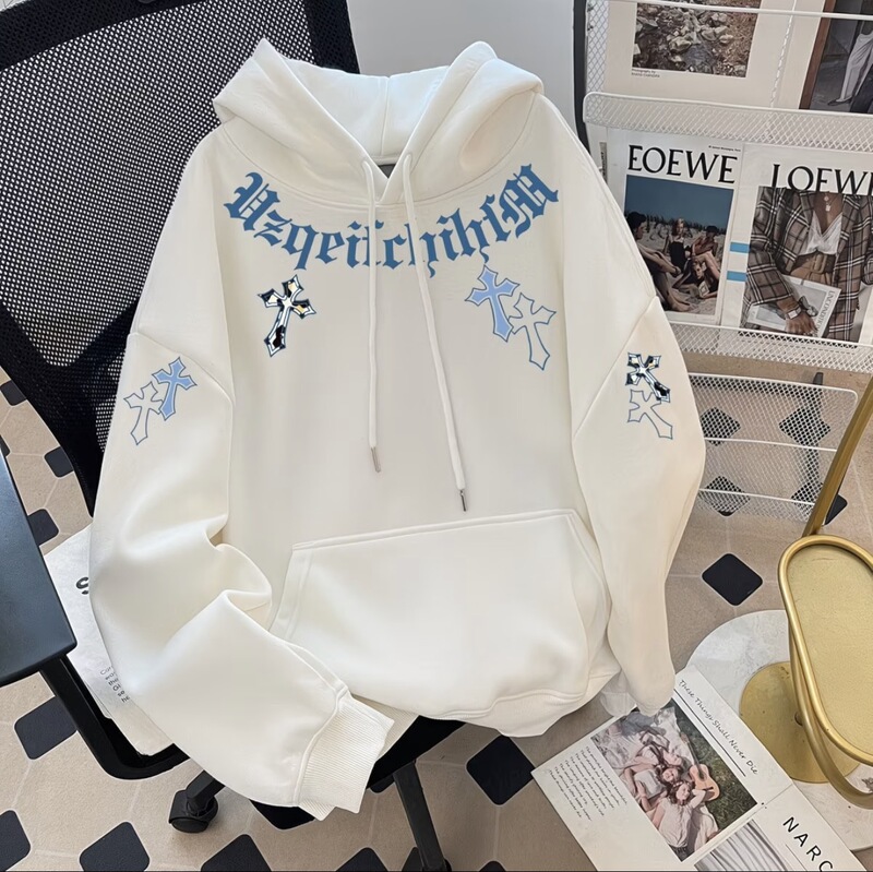 American High Street Letter Print Hooded Sweatshirt for Men and Women, Cross Casual Autumn and Winter Top, Versatile and Trendy for Couples