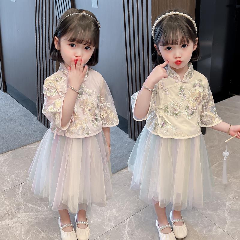 Korean girl dress summer dress 2021 children's foreign style dress Chinese style baby embroidered Hanfu dress dress