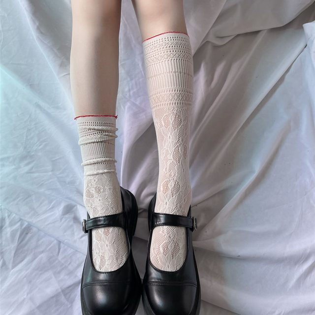 ລະດູຮ້ອນເກົາຫຼີ socks calf thin japanese style girl cute heart hollow lace socks pile socks two wear jk socks