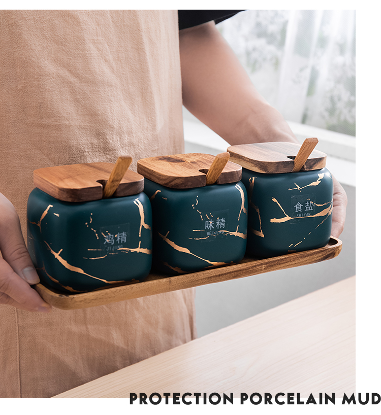 Nordic ins spice jar with cover of the new Chinese style household marble Jin Wen ceramic salt sugar taste pot three - piece suit