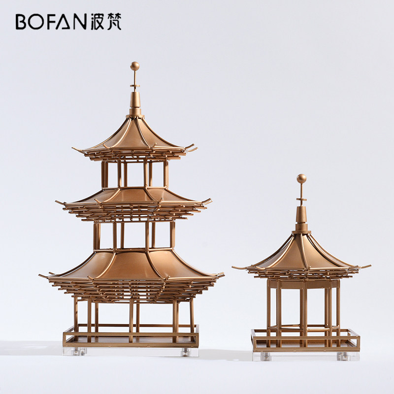 New Chinese Zen-style Living Room Metal Ancient Architecture Pavilion Accessory Show Hotel Soft Decoration