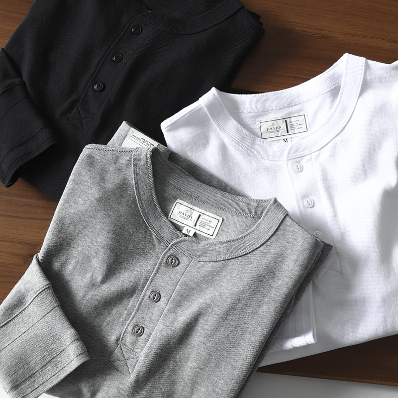 Highly Recommended! Xinjiang First-Grade Cotton! Men's Casual Henry Collar Solid Color Long-Sleeve T-Shirt from Foreign Trade Clothing Factory for Autumn