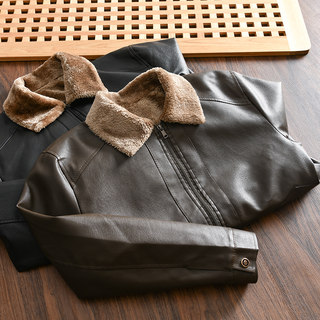Velvet and thickened fur one-piece lapel leather jacket