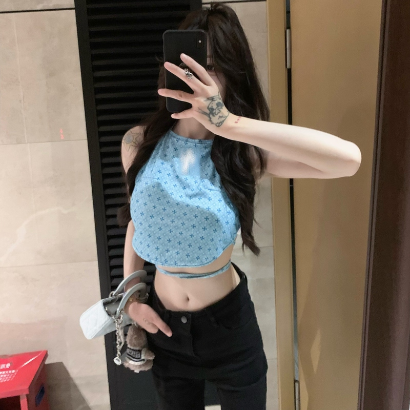 Southern Song Dynasty Xin Qiji French-Style Cross Leather Label Camisole Women's Summer Backless Vacation Tie-Up Top