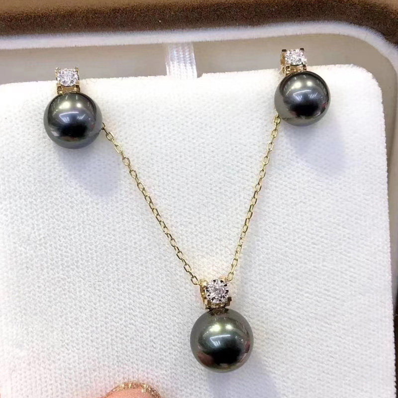 18k Princess Tahitian Seawater Black Pearl Pendant Earring Set Simple Gift for Girlfriend - Taobao