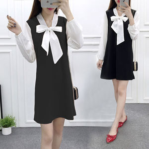 蝴蝶结中长款雪纺显瘦假两件连衣裙