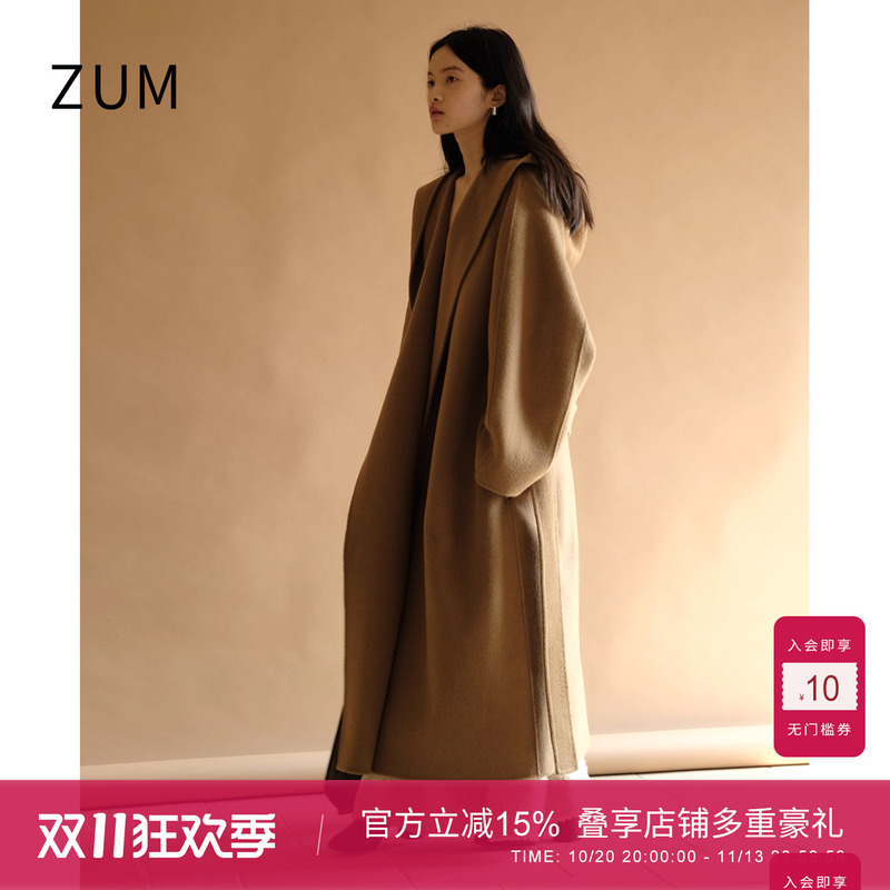 Zum Camel-Colored Loose Hooded Cape Coat with Tie, Long Plus-Size Women's Autumn and Winter Casual Woolen Coat