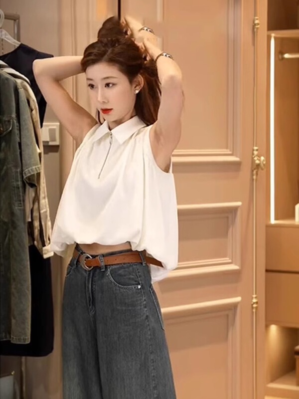 French-Style White Sleeveless Half-Zip Vest Shirt for Women, 2026 Summer New High-End Short Top