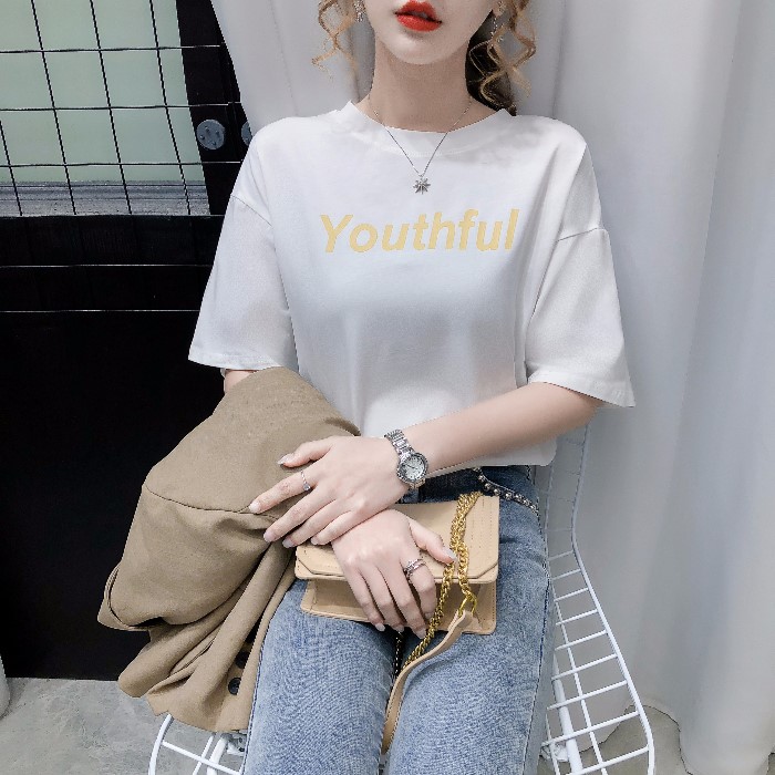 Dragon fruit color letter printing short-sleeved T-shirt women's cotton 2021 spring and summer loose Korean version of the wild comfortable base top~