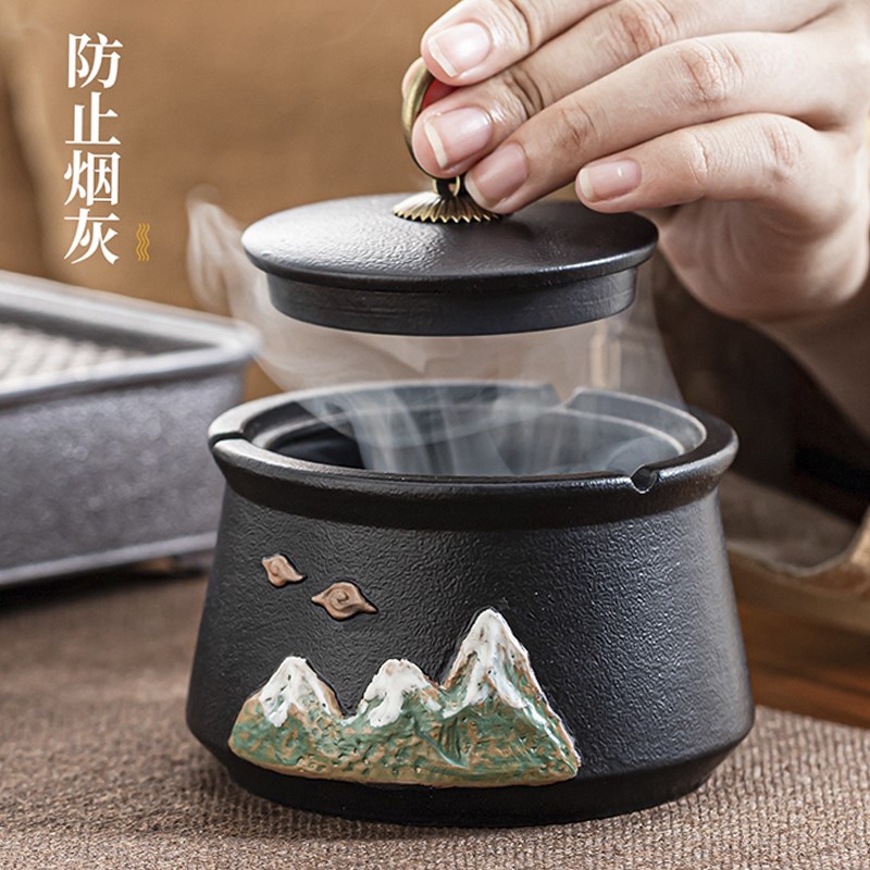 Retro creative ashtray ceramic ashtray home guest creative simple table windproof with cover anti-flying ash tea ceremony accessories