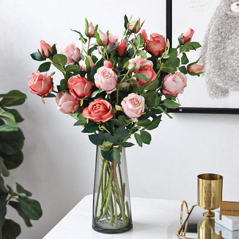 Real Flower Rose Living Room with dining table equipped with atmospheric upscale flower proof plastic flower fake fixture