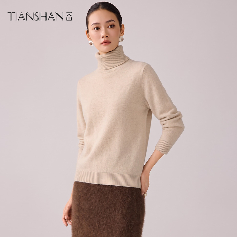 Tianshan 100% Wool Turtleneck Warm Sweater for Women, Autumn and Winter Solid Color Double Lapel Thick Loose Base Knitwear