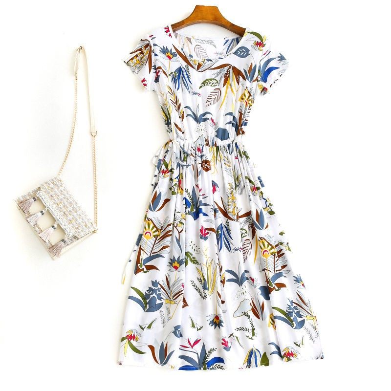 Floral fashion summer cotton yarn lace-up large waist new skirt cotton pocket cool silk short-sleeved artificial cotton dress