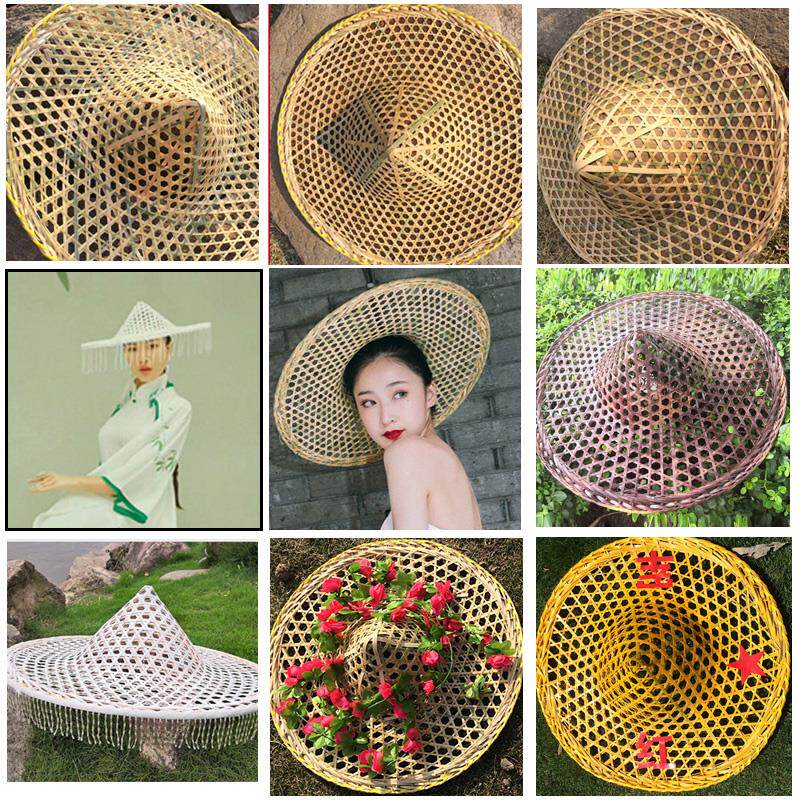 Bamboo hat white rain-proof straw hat props tassel hat bamboo weave handmade dance ancient style Red Army children adult performance
