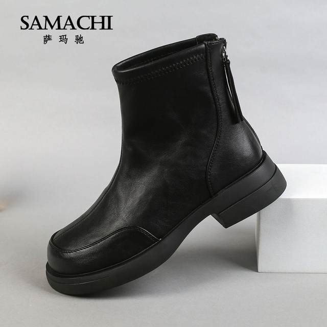 Samachi Martin boots women's 2025 new British style rear zipper soft sole comfortable thin velvet warm fashionable women's boots