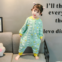  Childrens one-piece pajamas spring and autumn pure cotton anti-cold three-year-old thin sleeping bag cartoon winter girl animal anti-kick dinosaur