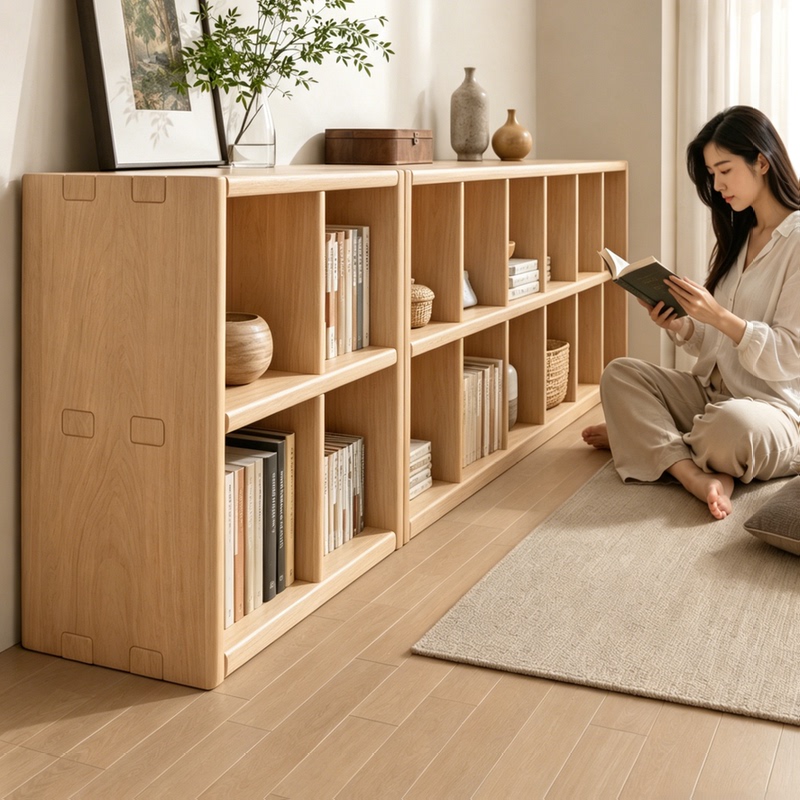 Solid Wood Bookshelf Floor-Standing Storage Rack Living Room Multi-Layer Storage Cabinet Wall-Mounted Combination Grid Cabinet Children's Low Bookcase