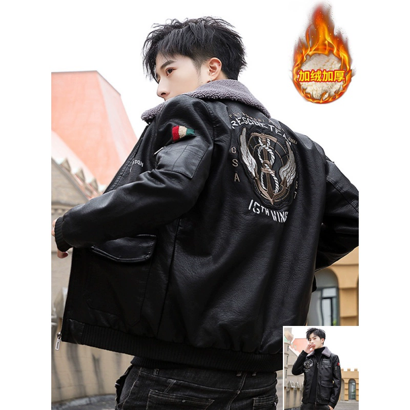 Áo khoác da nam khắc phục áo khoác xe máy mùa đông cộng với nhung dày xu hướng Hàn Quốc jacket áo khoác lông đẹp trai - Quần áo lông thú