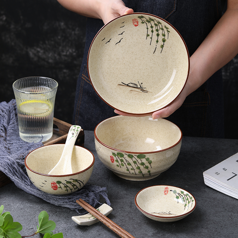 Ceramic Tableware Set for One Person, Chinese-Style Single-Person Canteen Rice Bowl and Plate, Trendy ins Retro Couple Bowl 7-Piece Set