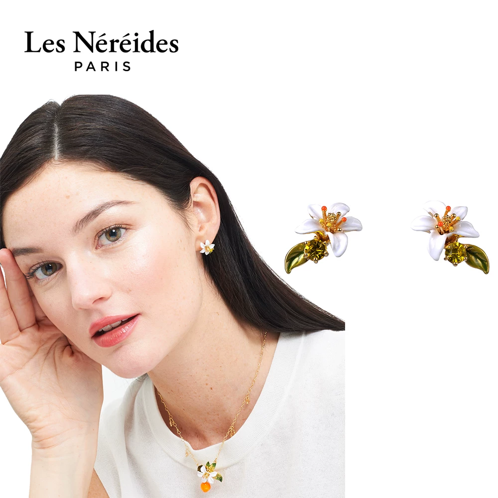 Серьги из серии Provence Garden от Les Nereides: апельсиновые цветы, белый цветок с зелёным листом, изящные эмалированные серьги