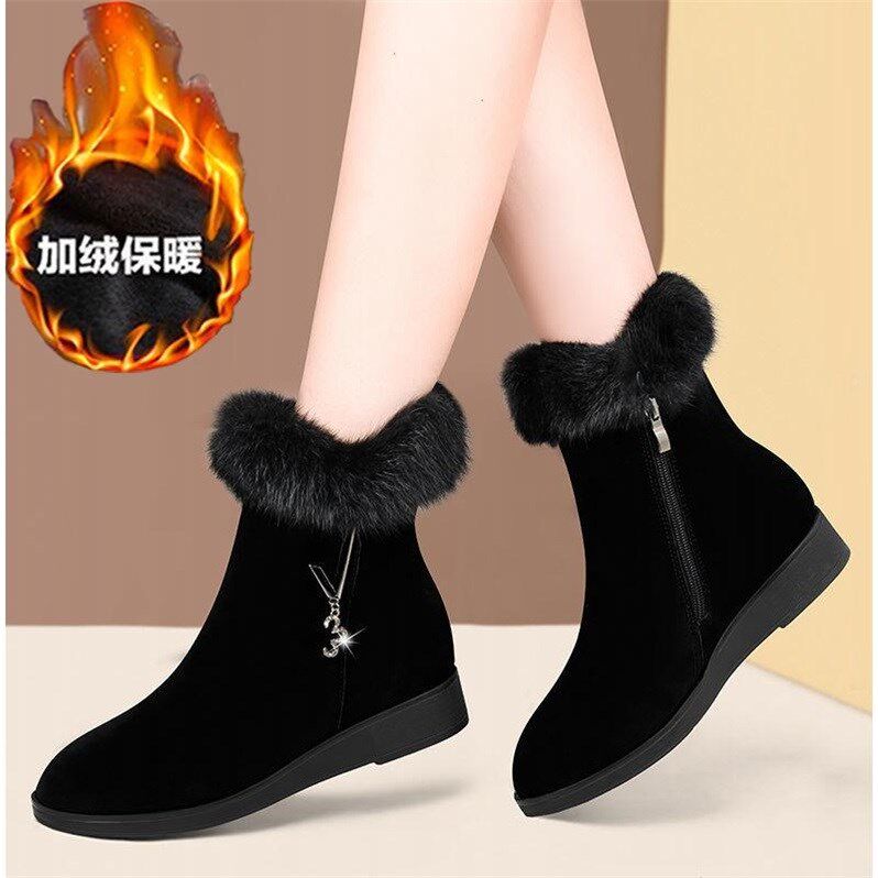 Rabbit fur snow boots women's thickened winter cotton shoes women's shoes plus velvet cotton boots warm flat ankle boots non-slip