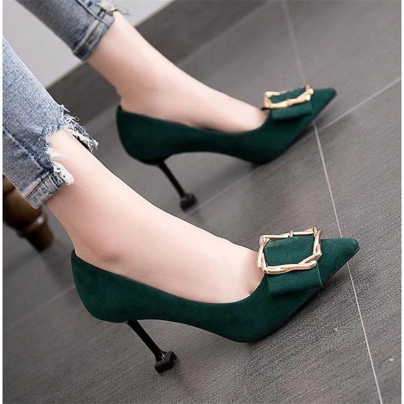 2019 Fall Korean version of the new light-mouth suede side buckle fine heel high heel shoes Single shoe woman shoes black 100 hitch working shoes