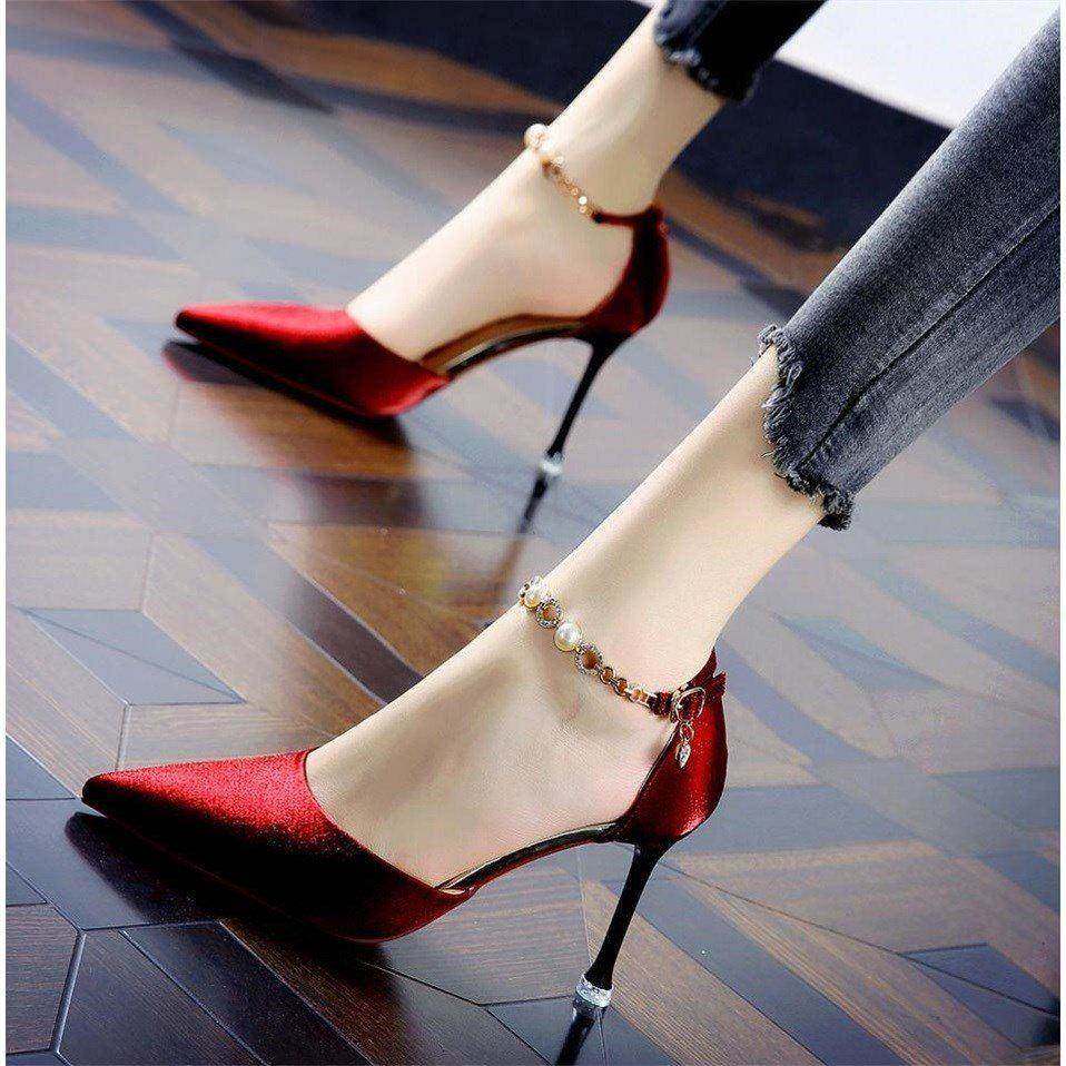 Sexy silk lined with buckle pointed water drill wedding shoes spring fine heel gown High heel shoes women's single shoes