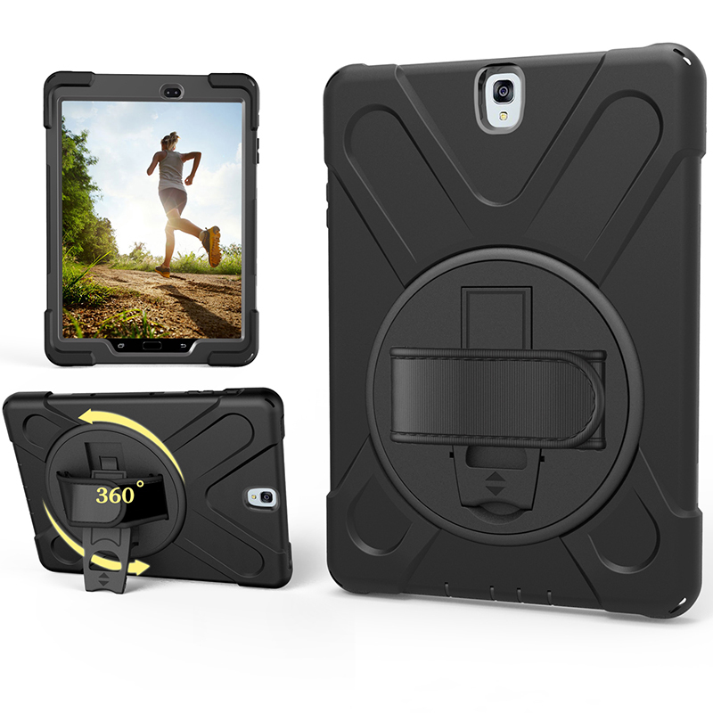 Suitable for Samsung Tab S3 9.7inch Protective Case, Anti-Drop Sm-T825C/N Tablet T820 Full Edge Soft Shell Silicone T827V Rotating 360 Stand, Handheld Holder with Shoulder Strap