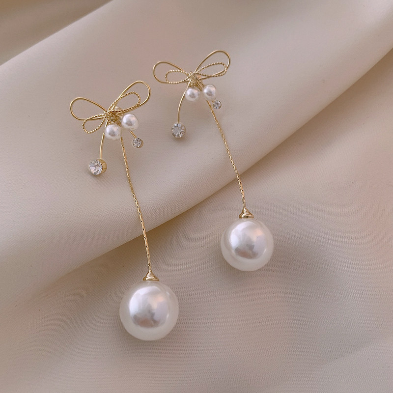 2021 new bow pearl earrings women's temperament long version tassel earrings earrings light luxury high fashion