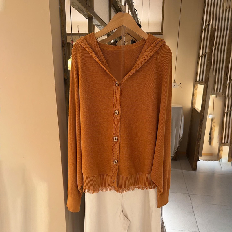 2026 Autumn Korean Style Casual Hooded Knit Sweater with Single-Breasted Buttons, Batwing Sleeves, and Fringed Hem for Women