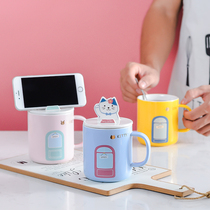 Ceramic mug mobile phone holder with lid spoon Cup female cute cup porcelain cup girl coffee cup drinking cup