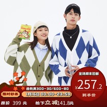 PSO Brand color matching diamond-shaped Plaid imitation mink fur V-neck cardigan sweater men thick knitted couple jacket