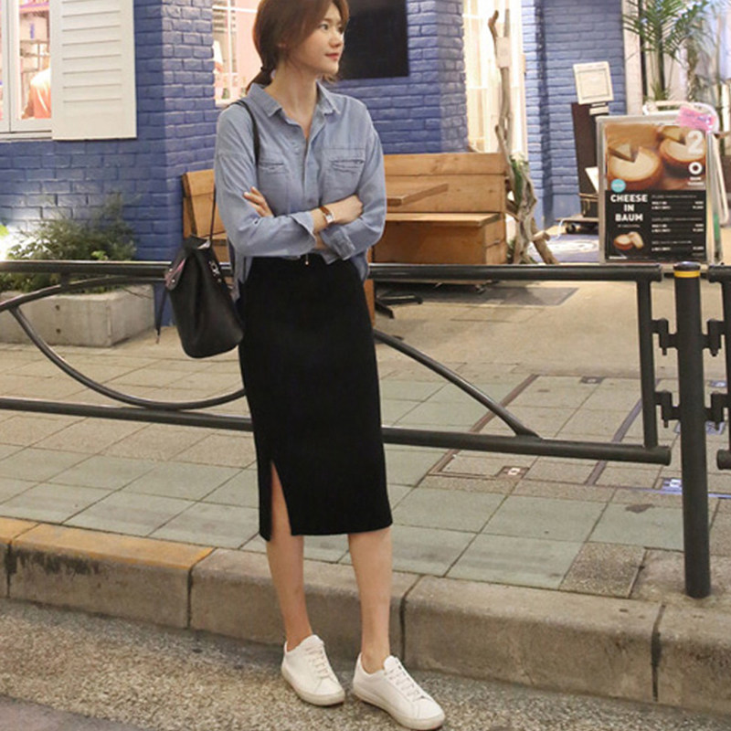 Side split skirt female 2022 spring and autumn new retro casual simple slim one step skirt mid-length bag hip skirt