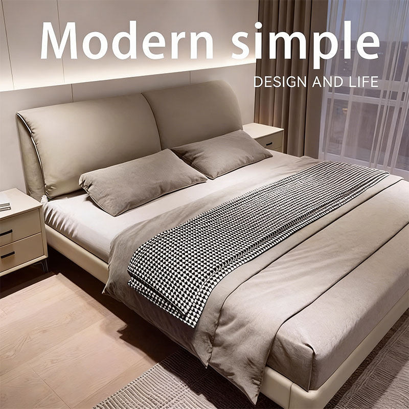 Italian-Style Minimalist Elephant Ear Leather Bed, Modern Simple Soft-Upholstered Storage Wedding Bed, 1.8m Double Bed for Master Bedroom