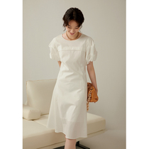 GDZY Lian Dress Skirt Woman Summer New Style Bubble Sleeve Skirt Temperament Commute Round Collar Summer White Mid-Length Dress