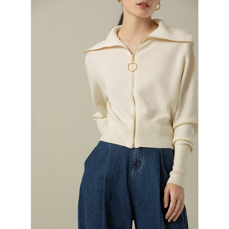 GDZY spring new lapel white zipper knitted cardigan top women's outer jacket women's French loose sweater