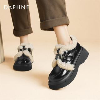Daphne Thick-Soled Fleece-Lined Loafers for Women 2025 Spring New Black Furry Shoes British Style Small Leather Shoes for Women