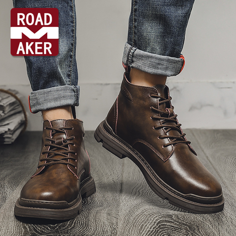 Rodmeco Martin boots men's winter velvet leather medium and high tooling boots British style all-match short boots motorcycle boots