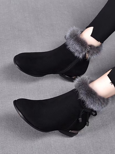 Mink Fur Thick-Heeled Short Boots for Women, Genuine Leather, Korean Style, Matte Women's Boots, Versatile, Fleece-Lined Fashion Boots, Soft-Soled Round-Toe Furry Boots