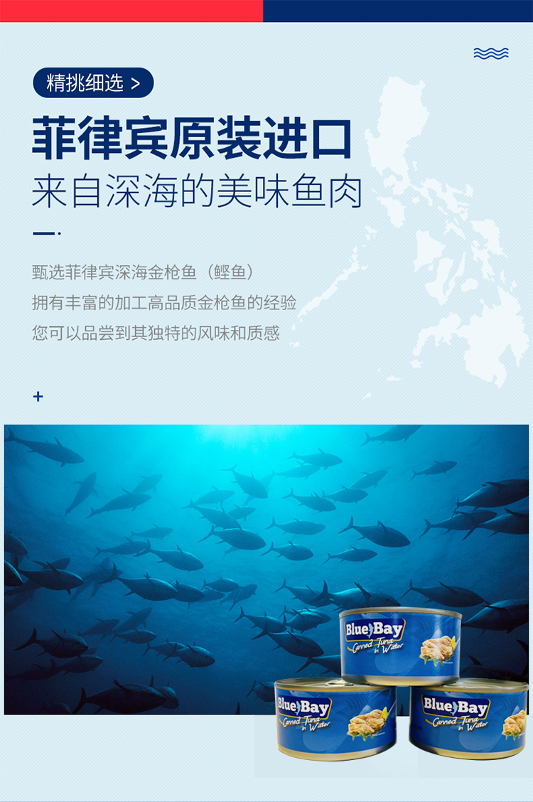 菲律宾进口 Bluebay蓝湾水浸金枪鱼罐头 180g*8罐 图2