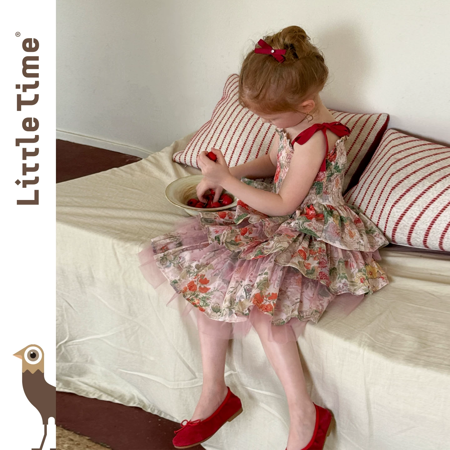 Платье принцессы для девочек LittleTime с бретелями, флористический узор, розовое многослойное платье с рюшами