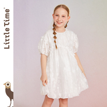 littletime girl summer white princess even dress short sleeves 2022 new children summer clothing flower bud skirt