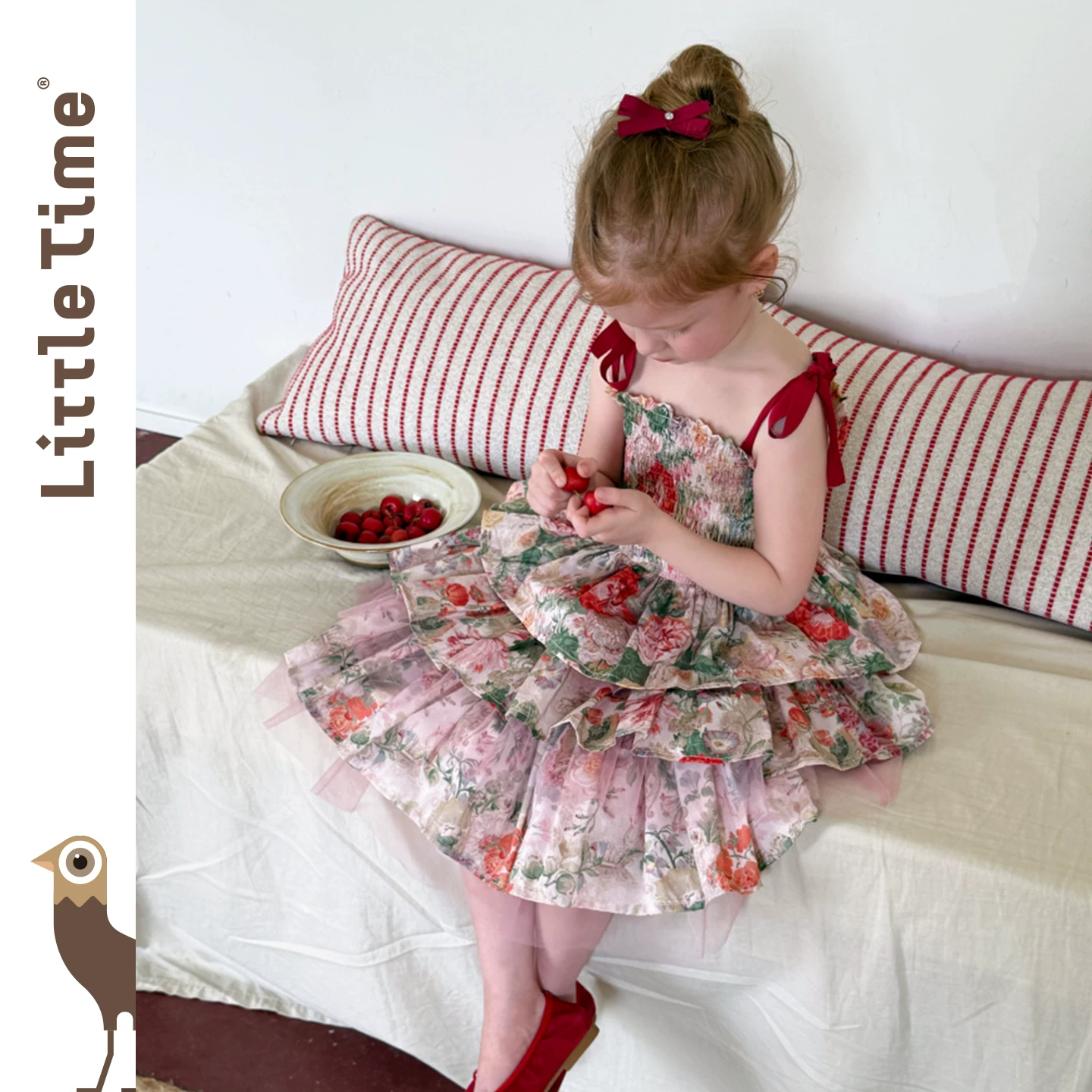 Платье принцессы для девочек LittleTime с бретелями, флористический узор, розовое многослойное платье с рюшами