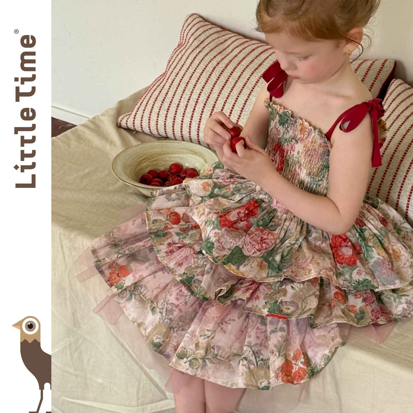 Платье принцессы для девочек LittleTime с бретелями, флористический узор, розовое многослойное платье с рюшами