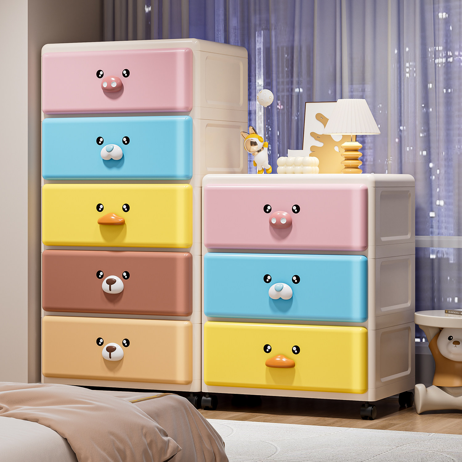 A plastic container, multi-story cartoon drawer, a pocket-booked bedroom clothing toy box.