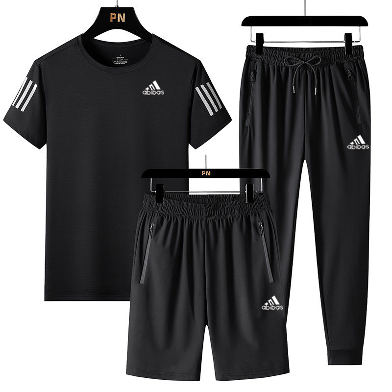 Three-bar short-sleeved T-shirt men's three-piece two-piece summer sports leisure quick-drying ice silk trousers shorts