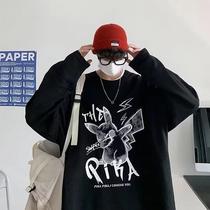 Cartoon printed long-sleeved t-shirt mens spring and autumn trend loose large size T-shirt round neck Hong Kong style all-match bottoming shirt tide 1