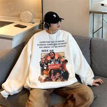 American-style high street sweater mens loose trendy round neck long-sleeved top tide brand hiphop spring and autumn coat with fleece