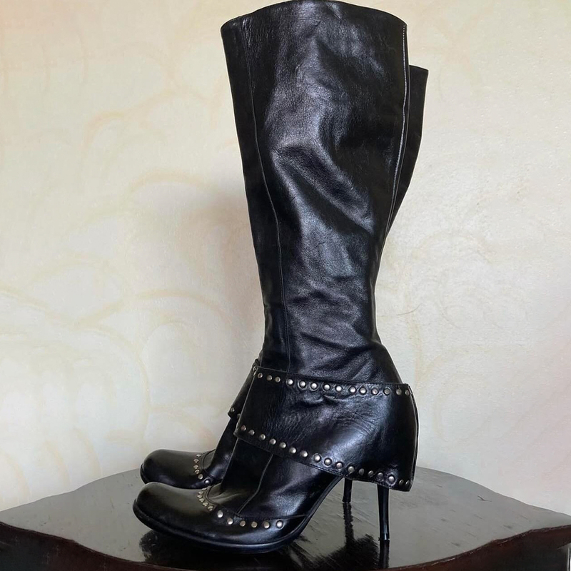 Sheepskin Version ~ European and American Style Studded Round-Toe Fashion Long Boots with Thin Heels, Wide Shaft, High Heels, Dark Medieval Knight Boots Sheepskin Version ~ European and American Style Studded Round-Toe Fashion Long Boots with Thin Heels, Wide Shaft, High Heels, Dark Medieval Knight Boots